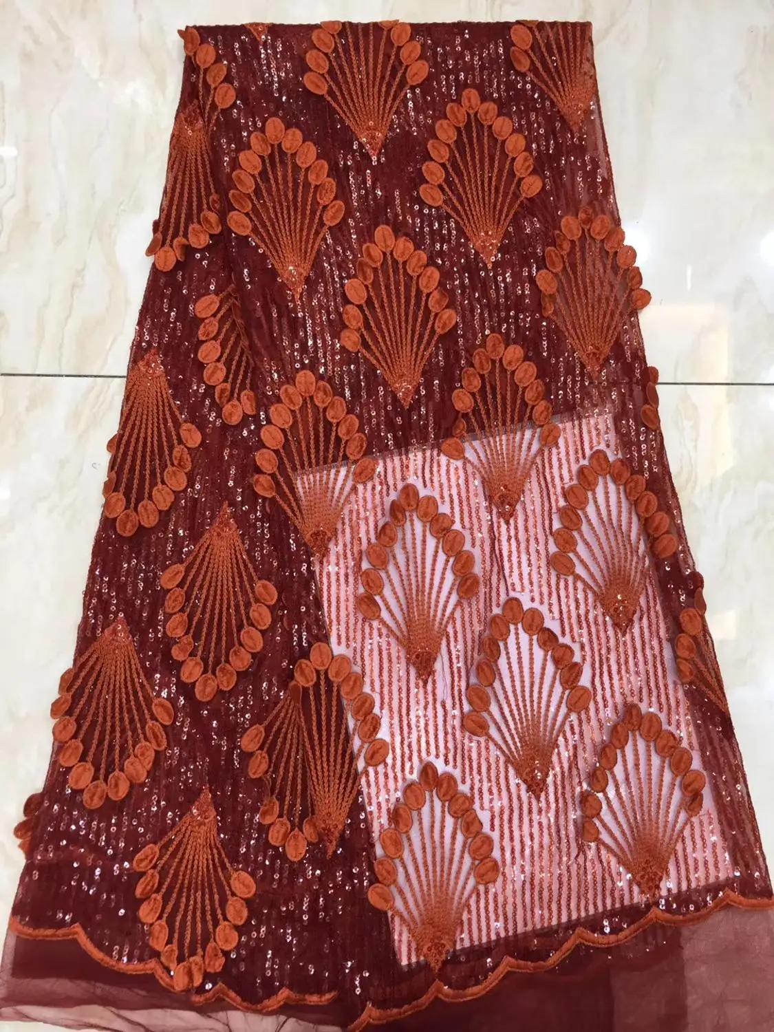 

Peach Sequined African Quality George Lace Fabric With Net Blouse Red Color Nigeria Embroidery For Women Wedding Dress(7-19