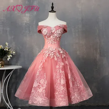 

AXJFU princess pink lace flower evening dress party luxury vintage boat neck full beading pearls flower lace pink evening dress