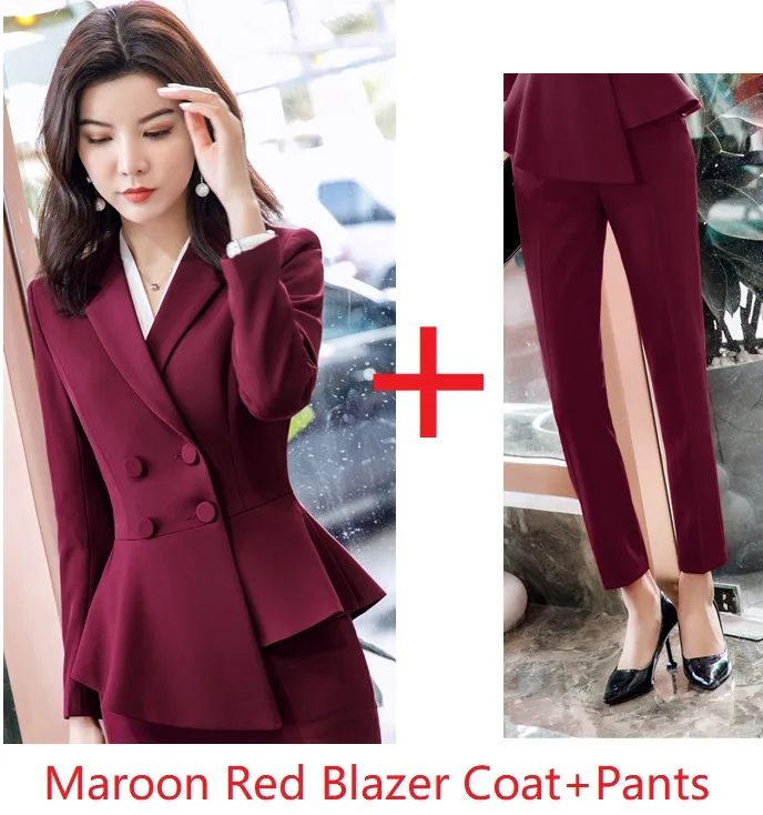 Весна-лето, модные красные форменные дизайнерские брючные костюмы с курткой и штанами, женские OL стильные блейзеры, женские брючные комплекты - Цвет: Maroon Red