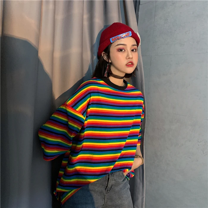 

2019 Summer New Ulzzang Harajuku Rainbow Striped Short Sleeve T-shirt Korean Punk Women's Tee Tops