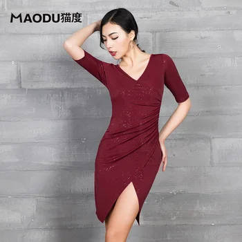 

Fashion Half-sleeve placketing sexy Latin Dance one-piece dress for women female Ballroom tango Costumes performance wear MD9102
