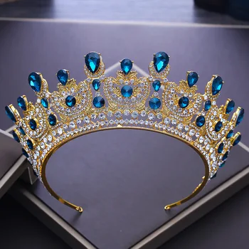 

2018 New Baroque Vintage Blue Crystal Gold Crown for Bride Big Tiaras Wedding Hair Ornament Queen Crowns Party Hair Jewelry M623