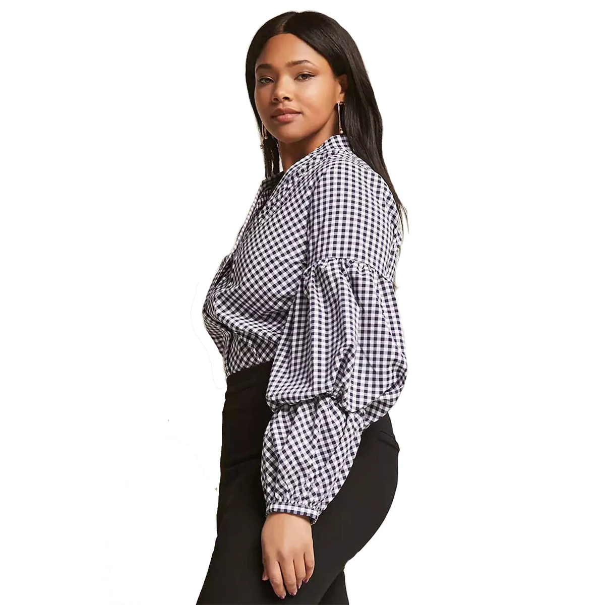 Kissmilk Plus Size Plaid Deep V Neck Cascading Puff Sleeve Shirts Casual 2018 New Fashion Women 