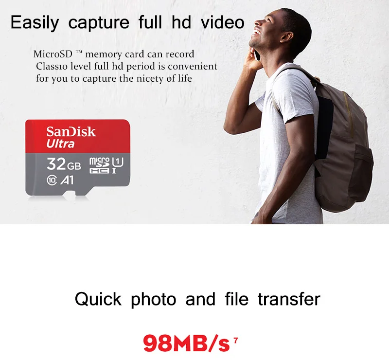 sandisk Micro SD карт памяти 16 Гб оперативной памяти, 32 Гб встроенной памяти, 64GB 128G 256G карта памяти Скорость 98 МБ/с. TF карта, подходящая для мобильного телефона