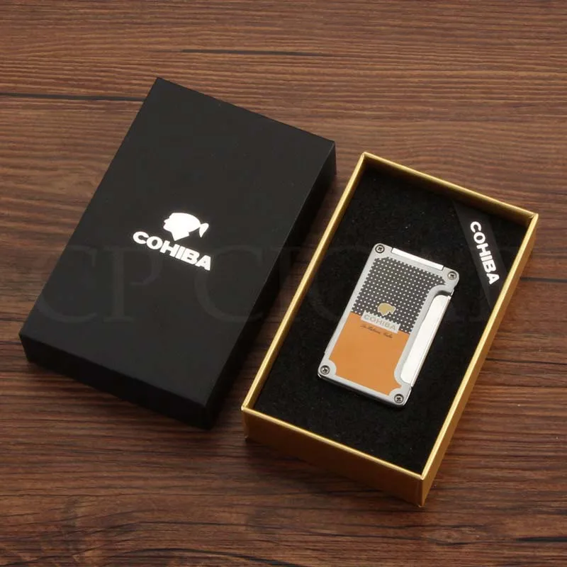 COHIBA ветрозащитная карманная зажигалка портативная 1 фонарь струя пламени сигары легче, чем газ-бутан зажигалки встроенные 2 сигары удар