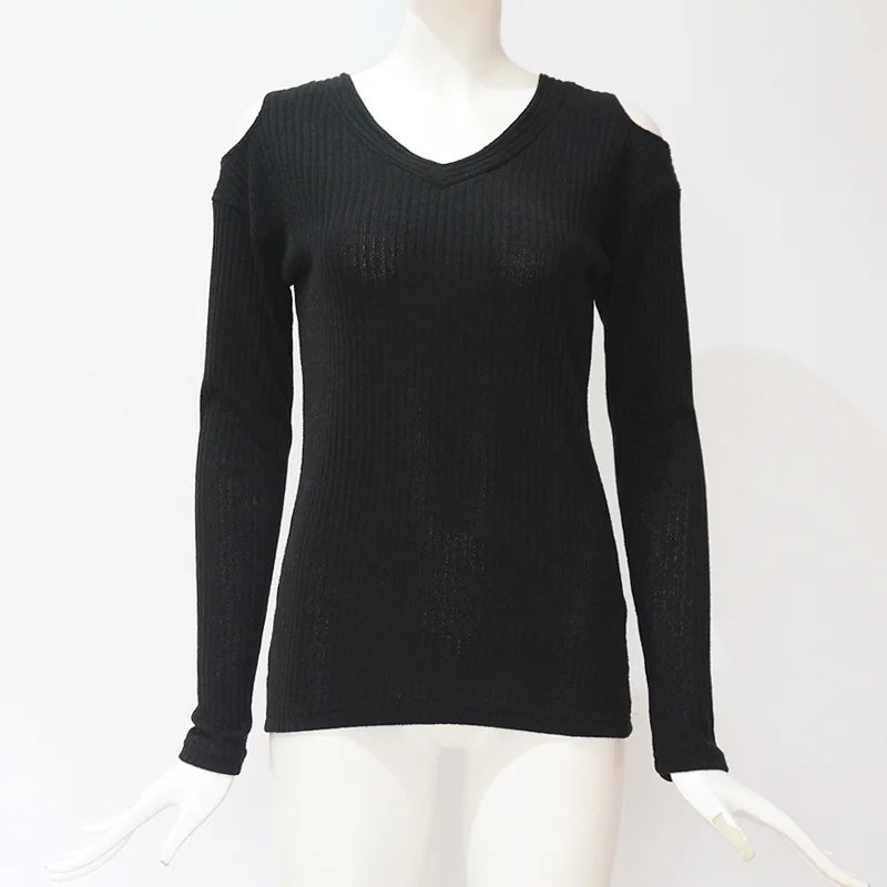 Pullover V-Neck Cold Shoulder Sweater Winter Clothes Women Rib Knit Long-Sleeved Top Casual Pure Color Clothes Autumn Female (9)