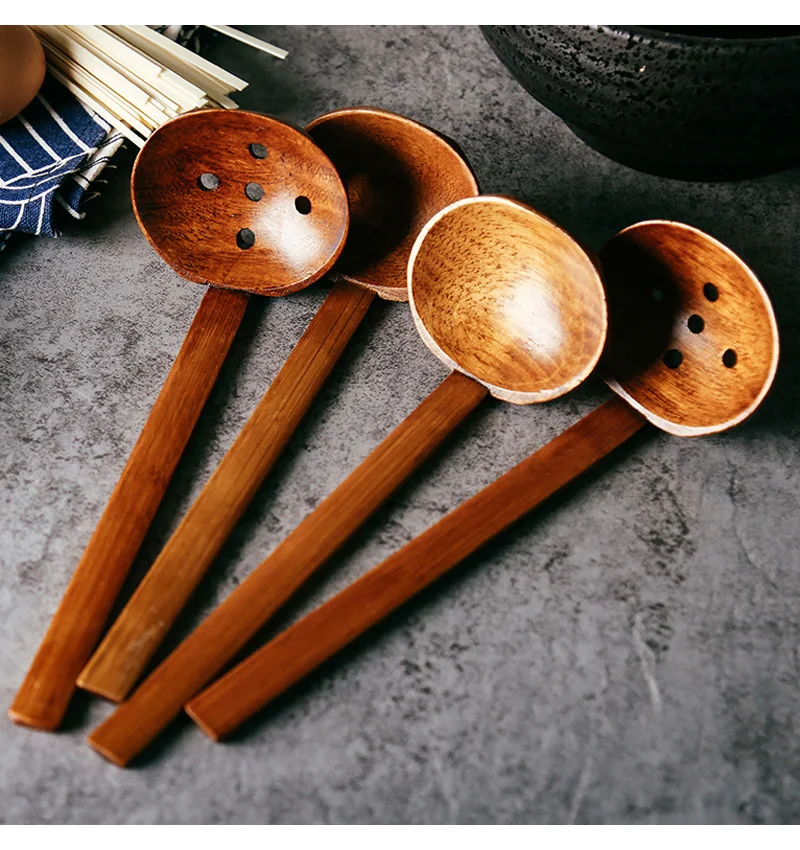 2Pcs Wooden Spoons Large Wood Spoon Set Japanese Style Ramen Soup Ladle Tablespoon Long Handled Kitchen Strainer Spoon Tableware (2-1)