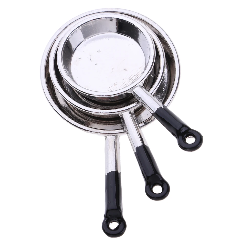 3Pcs 1/12 Dollhouse Miniature Pots and Pans Kitchen Cookware Set Toy Kitchen Cooking Accessories With Utensils Playset Silver