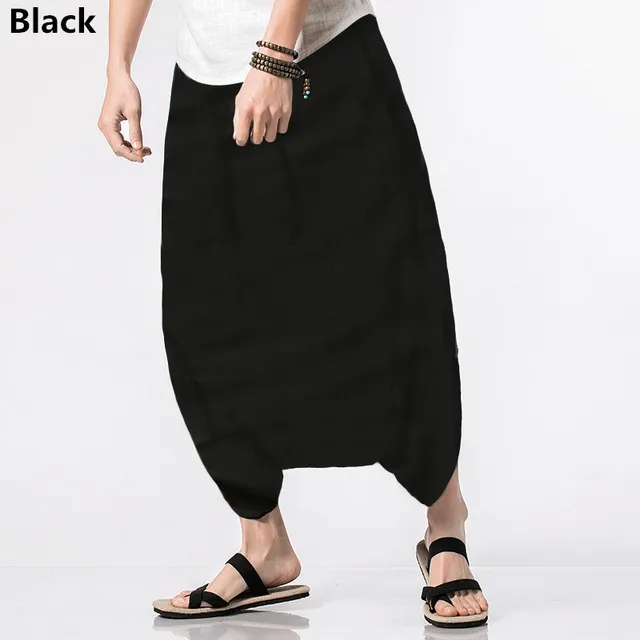 Summer Cotton Men’s Pants Ankle-Length Strip Print Design Elastic Waist Big Crotch Baggy Trousers Casual Harem Hip Hop Bottom