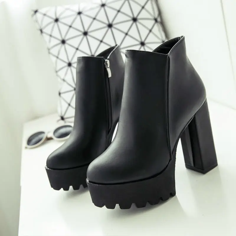 Women's Fashion Side Zipper Ankle Boots Platform Thick High Heel 12 cm Ladies Winter Woman Shoes 2 style Black boot | Обувь