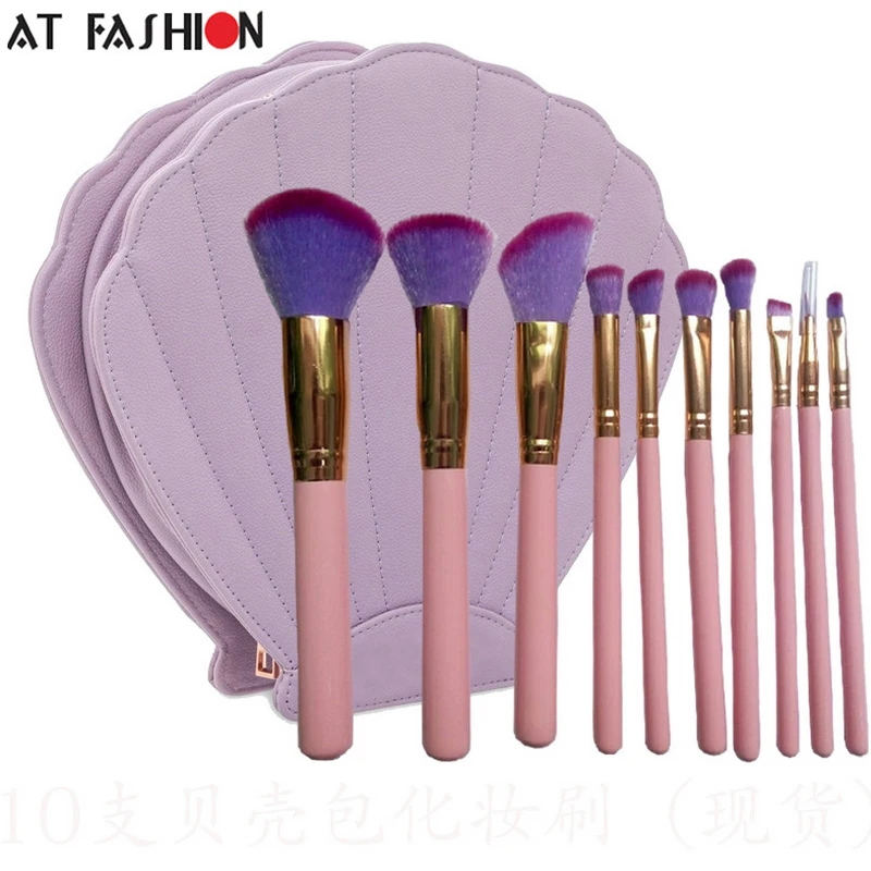 

New Arrival 10 Pieces Colorful Synthetic Hair Makeup Brushes with shell Bag Beautiful Traveling Makeup Brush Set Facial Brush