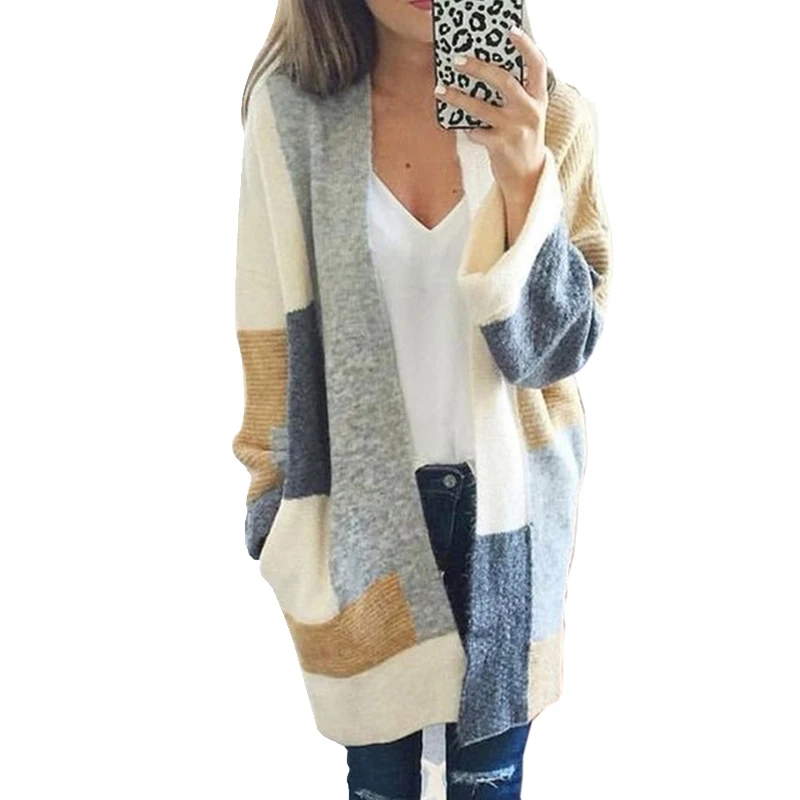 

New Cotton Patchwork Cardigan Long Sleeve Knitted Sweater Open Stitch Casual Sweters Women Invierno 2019 Loose Cardigan Mujer