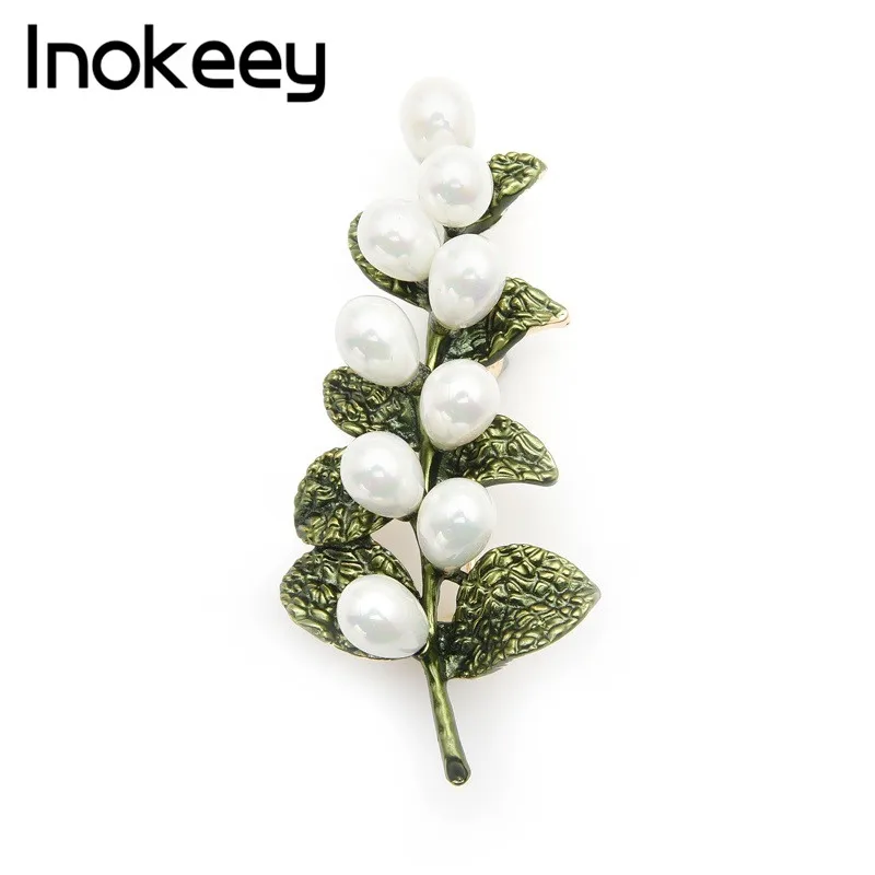 

Inokeey White Simulated Pearl Leaf Branch Brooch Suit Pin Women Bouquet 2019 Fashion Jewelry Gift