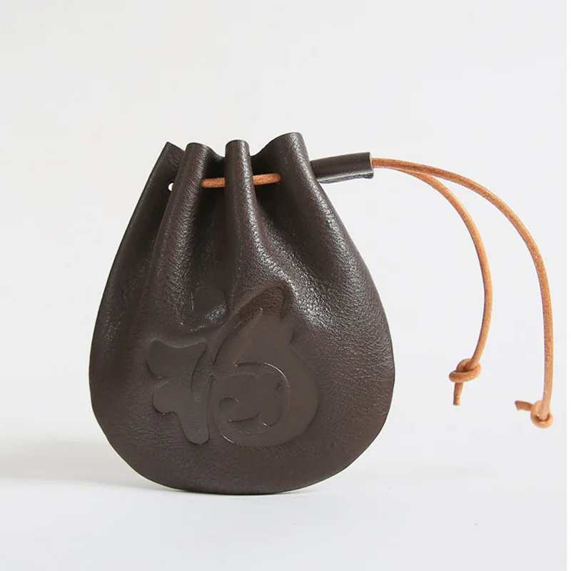 Genuine Leather Cowhide Pull-rope Coin Purse Pocket Bag Men Women Leather Chinese Style Coin Bag
