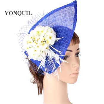 

21 Colors teardrop shape derby royal blue fascinator hat women silk flower sinamay hair fascinator accessories with feather veil