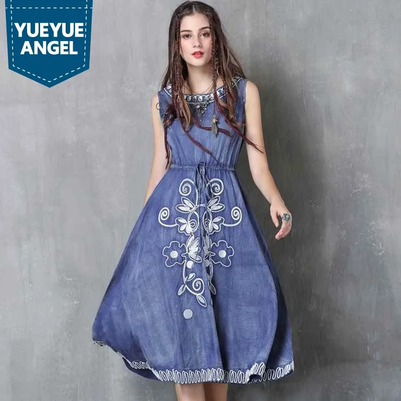 Женское джинсовое платье с круглым вырезом без рукавов|embroidery dress|jeans dressdresses female |