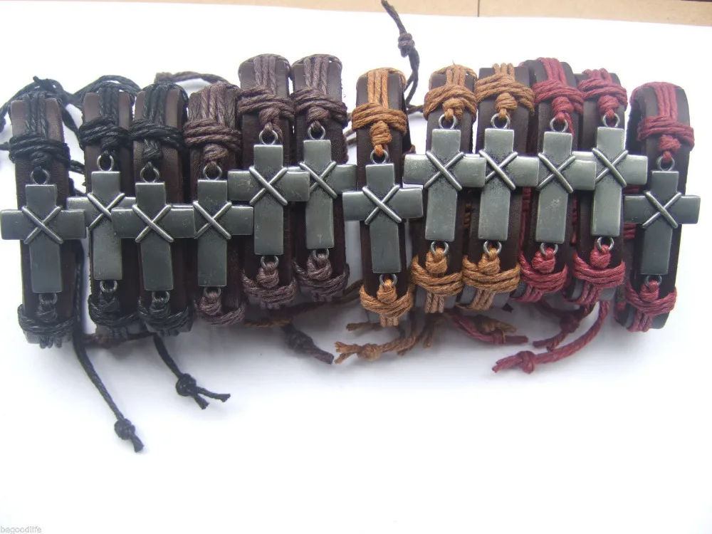 12pcs Mens Womens Twine Hemp Cross Charm Leather Bracelets Silver