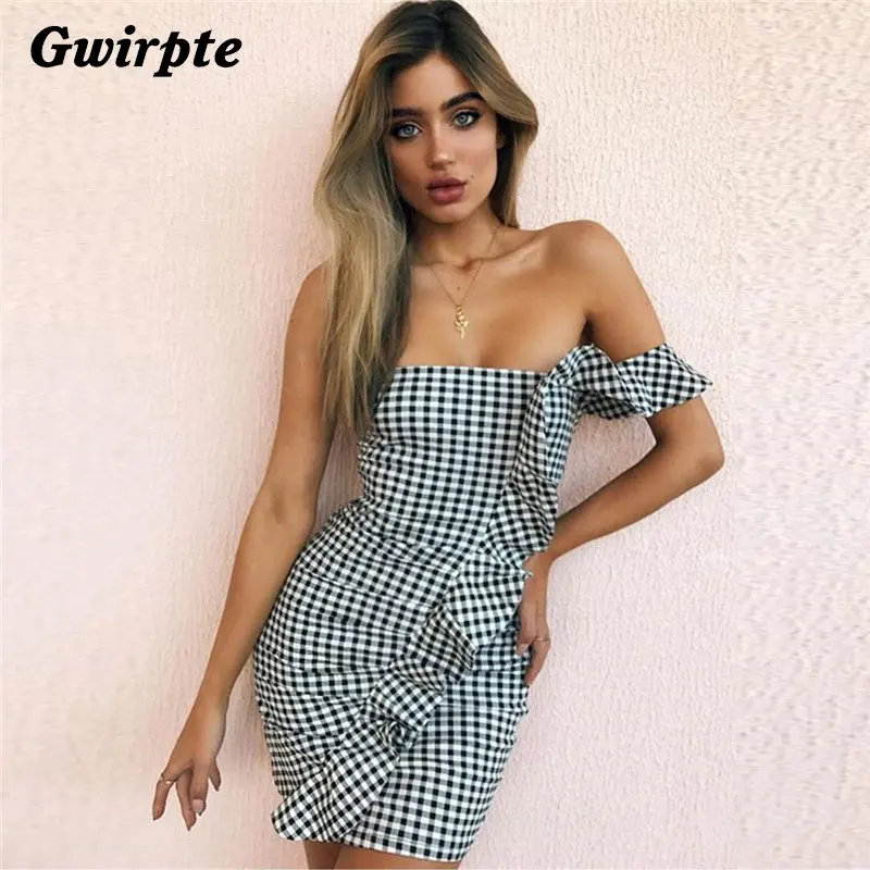 

Gwirpte One shoulder Plaid Dress Women Summer Sexy Casual dresses Asymmetrical Ruffles vestidos ofertas de verano mujer