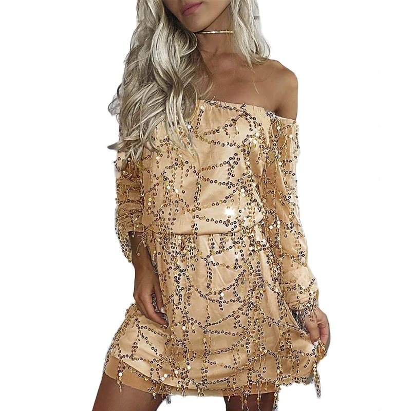 

2017 New Fashion Sequins Dress Women Off Shoulder Beading Mesh Dress Long Sleeve Dresses Vestido