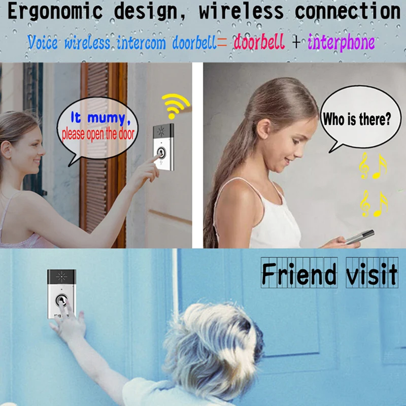 Intelligent Wireless Doorbell Voice Intercom 300M Distance Door Bell Outdoor Transmitter + Indoor Receiver Door Ring Intelligent Wireless Doorbell Voice Intercom 300M Distance Door Bell Outdoor Transmitter + Indoor Receiver Door Ring
