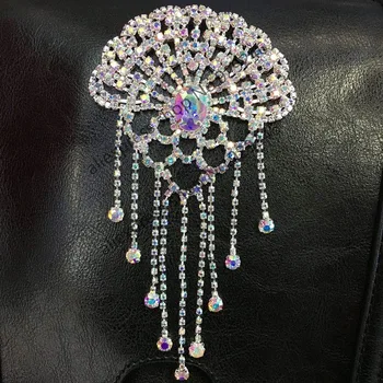 

2pcs/lot brilliant crystal applique with stone tassels silver AB rhinestone trims fashion garment clothing dress bag decoration
