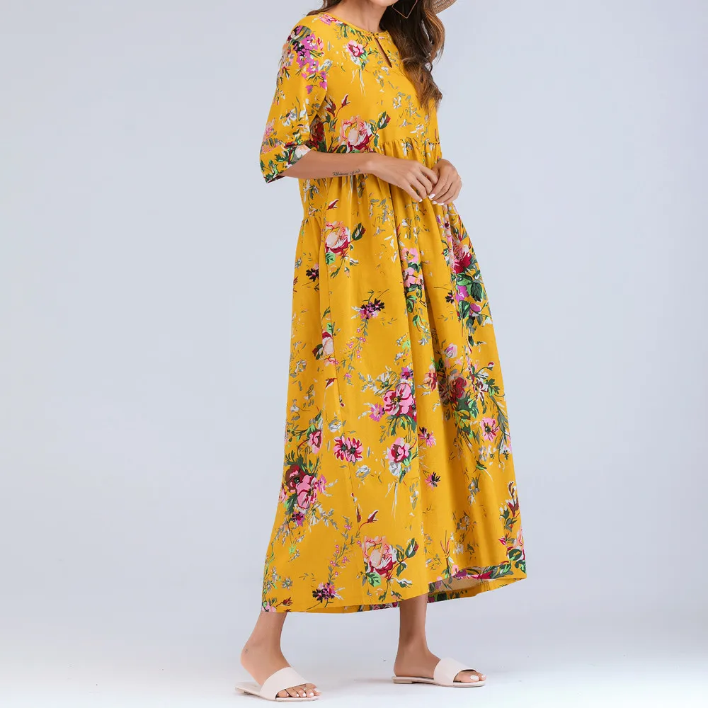 

Cotton dress Women Half Sleeve Ruched Casual party dress Summer Style Thin Floral Loose Bohe Long robe Dress Kaftan Vestido