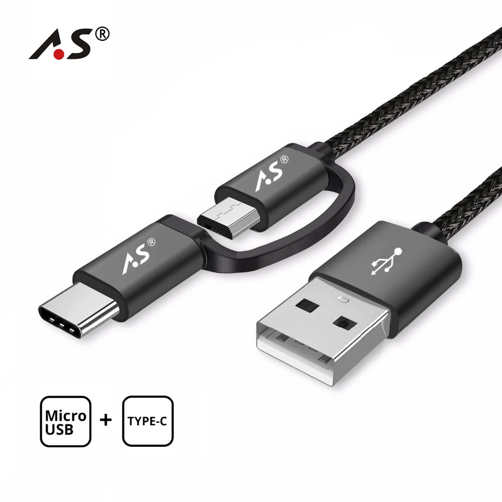 

A.S 2 in 1 USB C Type-C Cable Micro USB Cable Fast Charging USB Type C Cable for Samsung Galaxy S9 S8 Note 8 Xiaomi Huawei QC3.0