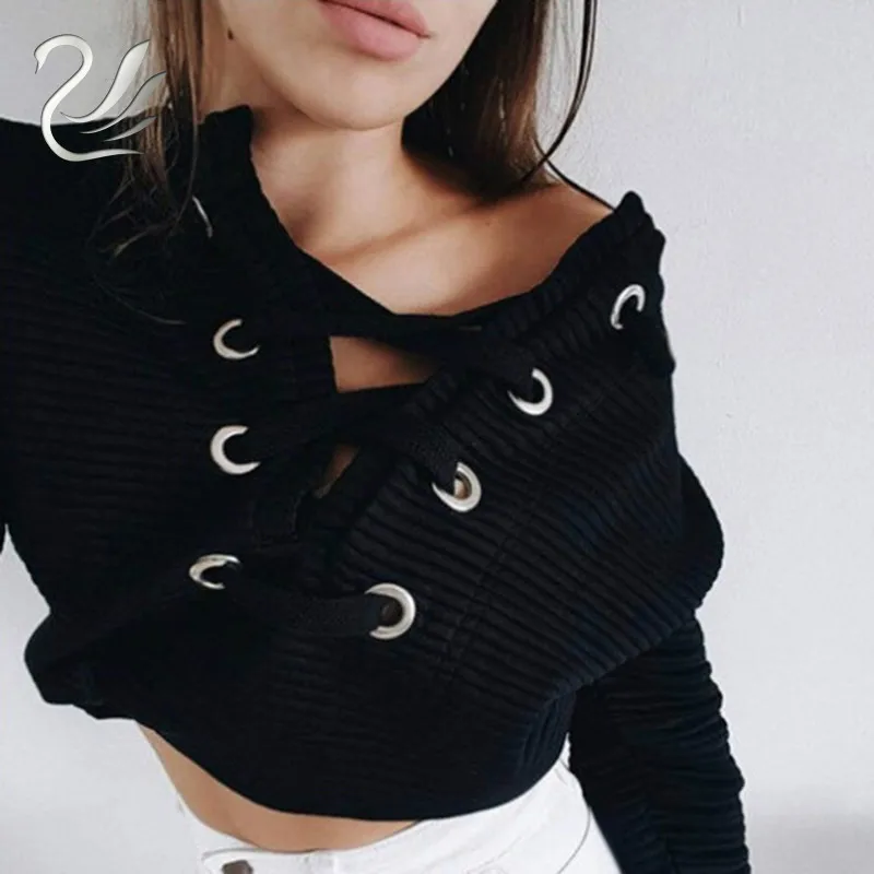 

Hoodies Women 2019 New Autumn Winter V Neck Long Sleeve Short Cropped Top Tracksuit Sexy Chic Lace Up Knitted Sweatshirt
