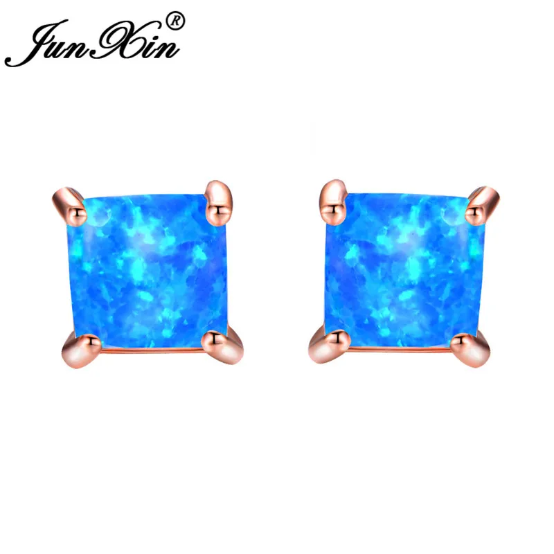 JUNXIN Princess Cut Crystal Square Stud Earrings For Women Men White Gold Rose Gold Color Black CZ White Blue Fire Opal Earrings