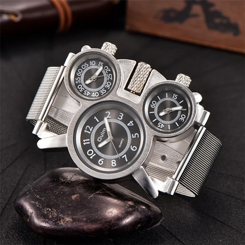 Oulm Multiple Time Zone Watch Man Mesh Steel Strap Alloy Case Three Different Time Sport Watches Men Luxury Brand Wristwatch