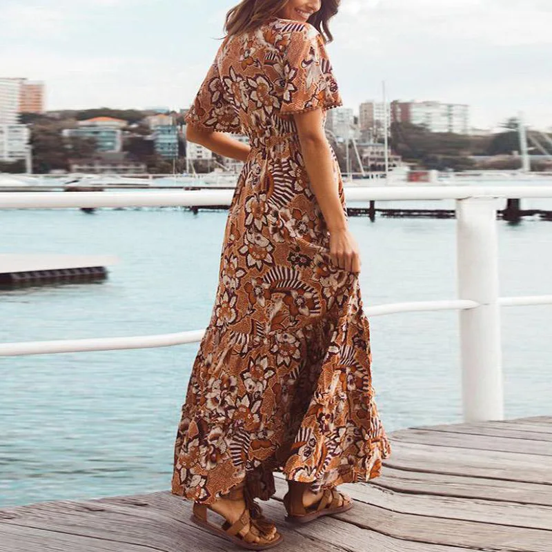 Bohemian Big Size Maxi Dresses for Women Long Printed Summer Beach V Neck Vestidos|Платья| |