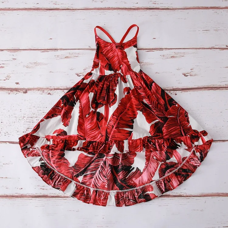 

2019 Summer Children's Dress Girl Bare Back High Low Flowers Short front Long back Holiday sling dress Kids Cotton Frock Design