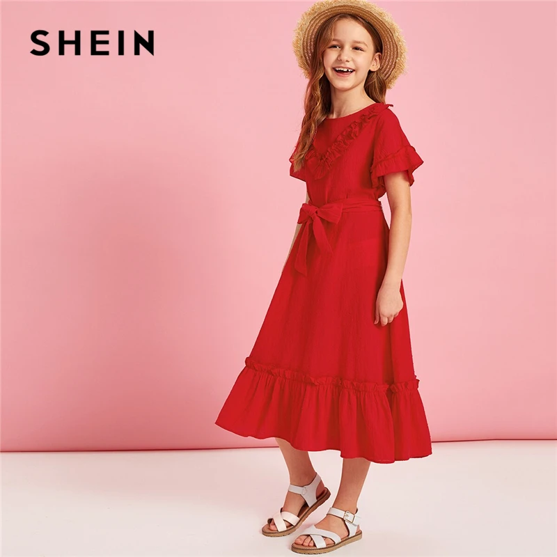 

SHEIN Kiddie Red Solid Ruffle A Line Flared Boho Dress With Belt Summer Holiday Flounce Sleeve Button Back Girls Midi Dresses