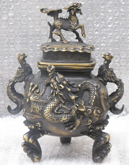 

10"Feng shui Lucky China Bronze Top Kylin dragon and phoenix Pot jar Censer Statue Statue