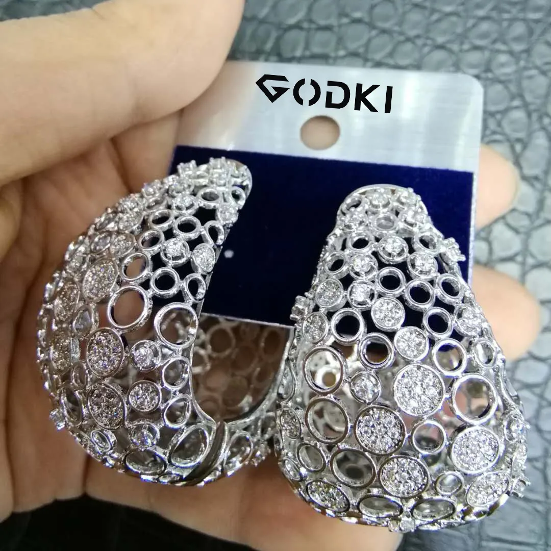 GODKI Luxury Hollow Fat/Wide Chic Hoop Earrings For Women Earrings Jewelry Charms Elegant Full Mirco Cubic Zircon Dubai Wedding