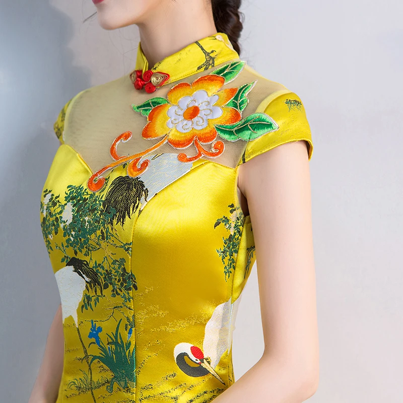 Китайский стиль свадебное длинное Cheongsam ретро сексуальное тонкое вечернее платье вечерние платья свадебное платье Qipao модная Дамская одежда Vestido желтый