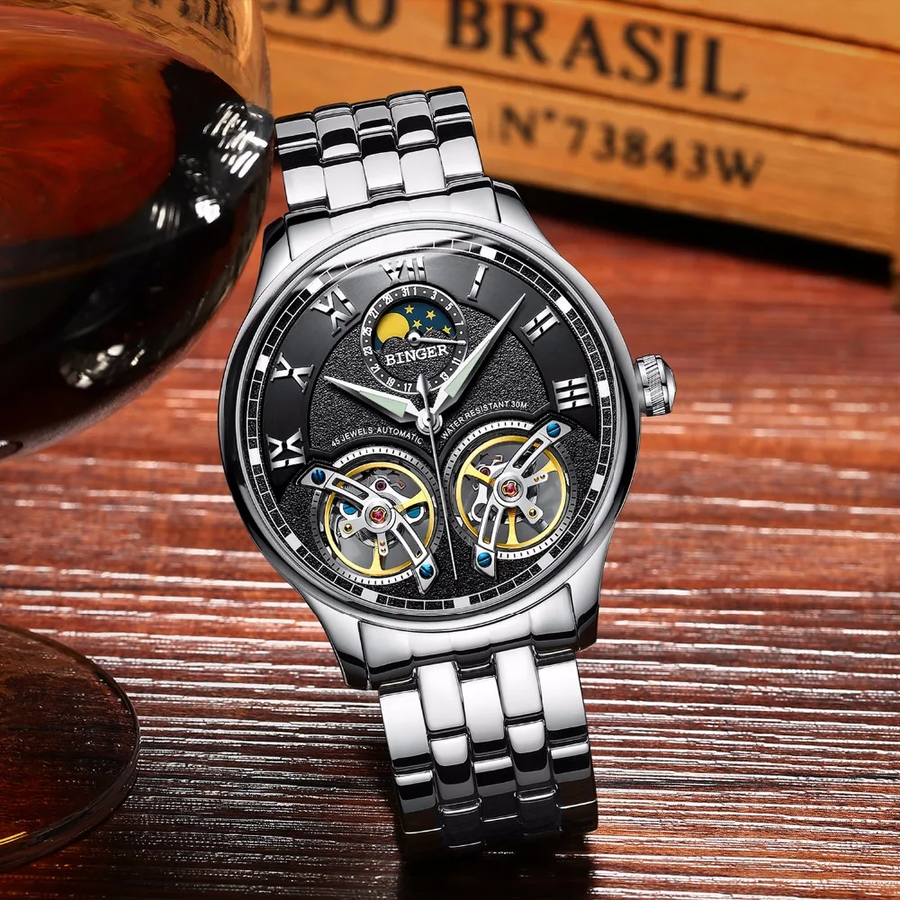 BINGER Montre bracelet m canique en cuir pour homme double tourbillon automatique remontage automatique la mode