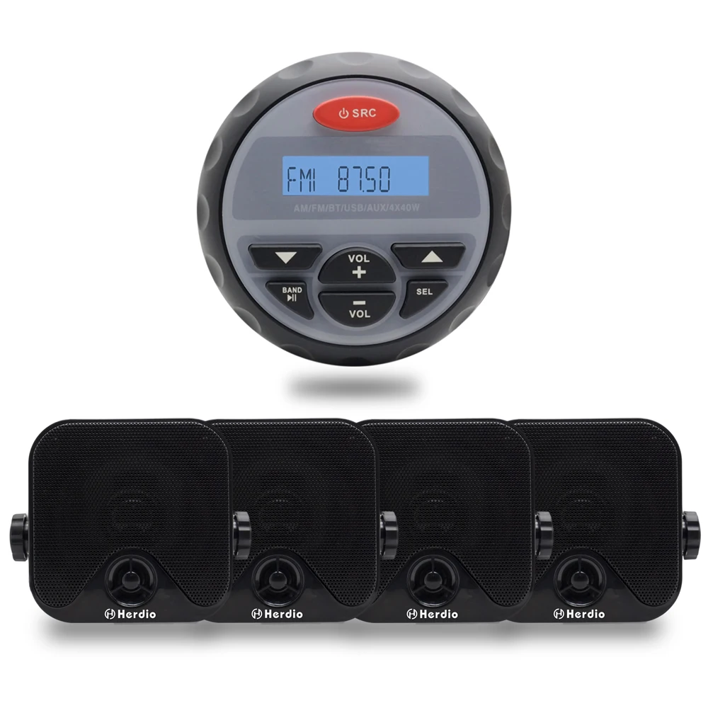 

4" Waterproof Marine Gauge Radio FM AM Audio Bluetooth Stereo+4" Black Waterproof Marine Box Speakers for Boat ATV UTV