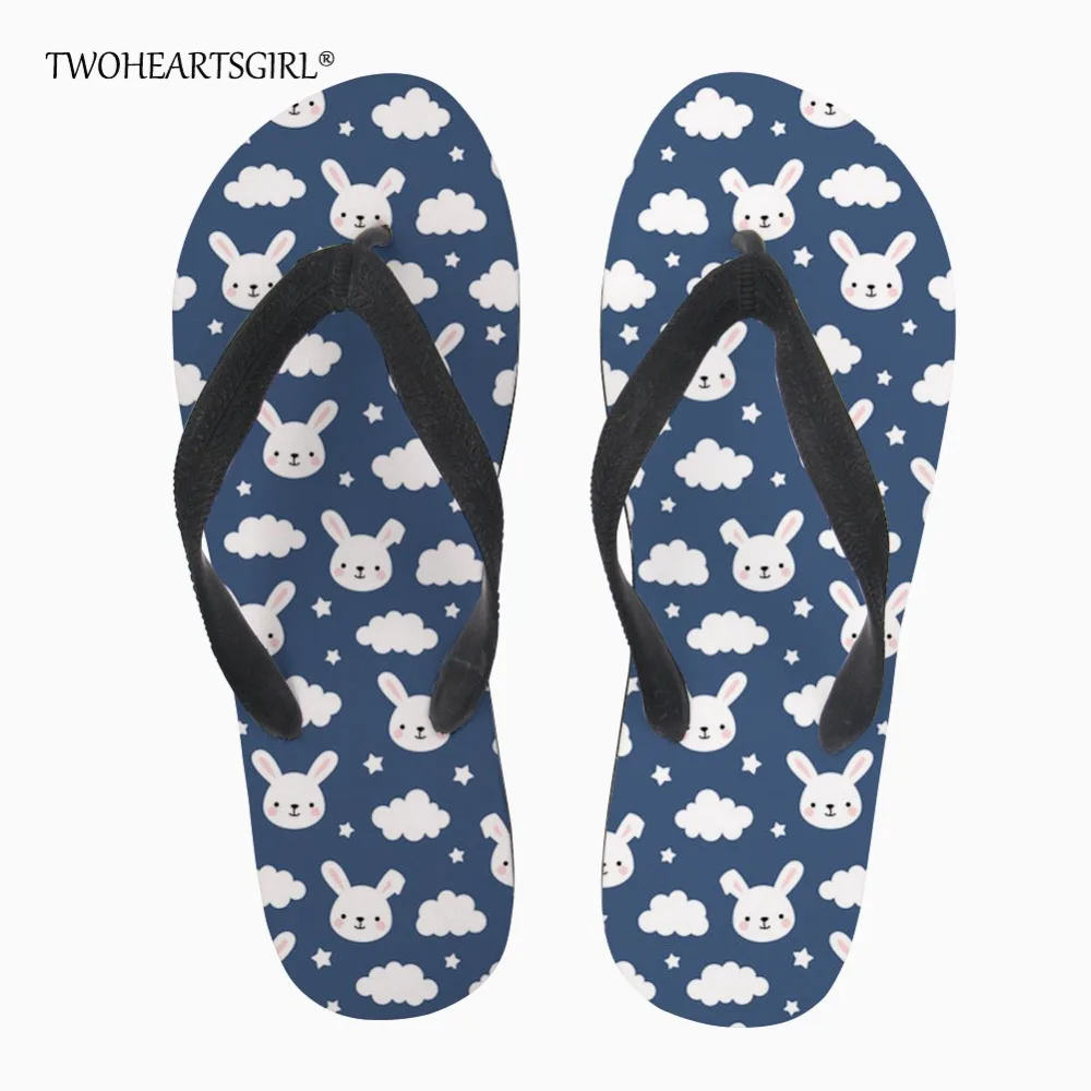 

Twoheartsgirl Blue Rabbit Print Summer Beach Flip Flops Cute Female Ladies Soft Flat Slipper Personalized Female Ladies Flipflop