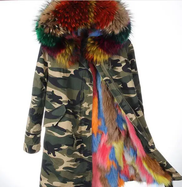 Шуба из лисьего меха, камуфляжная женская верхняя одежда, съемная зимняя куртка, большой воротник из меха енота, куртка-парка с капюшоном - Цвет: 25