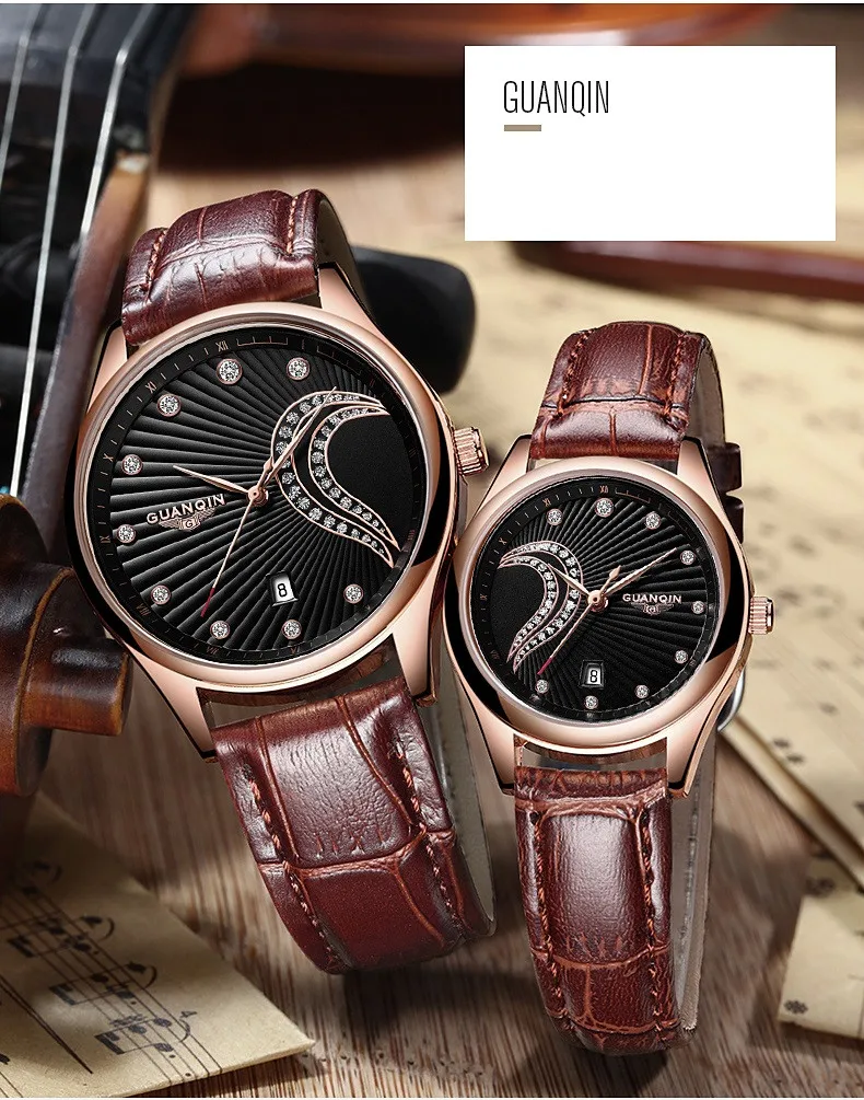 One Pair Newest Couple Watch GUANQIN Couple Wrist Watch Sapphire Quartz Casual Waterproof Lovers Watch Leather Strap Clock (14)
