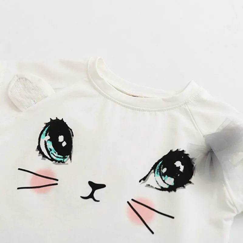 Одежда для девочек из 2 предметов; футболки с милым котом+ сетчатая юбка-пачка; одежда для малышей; одежда с короткими рукавами и принтом котенка из мультфильма