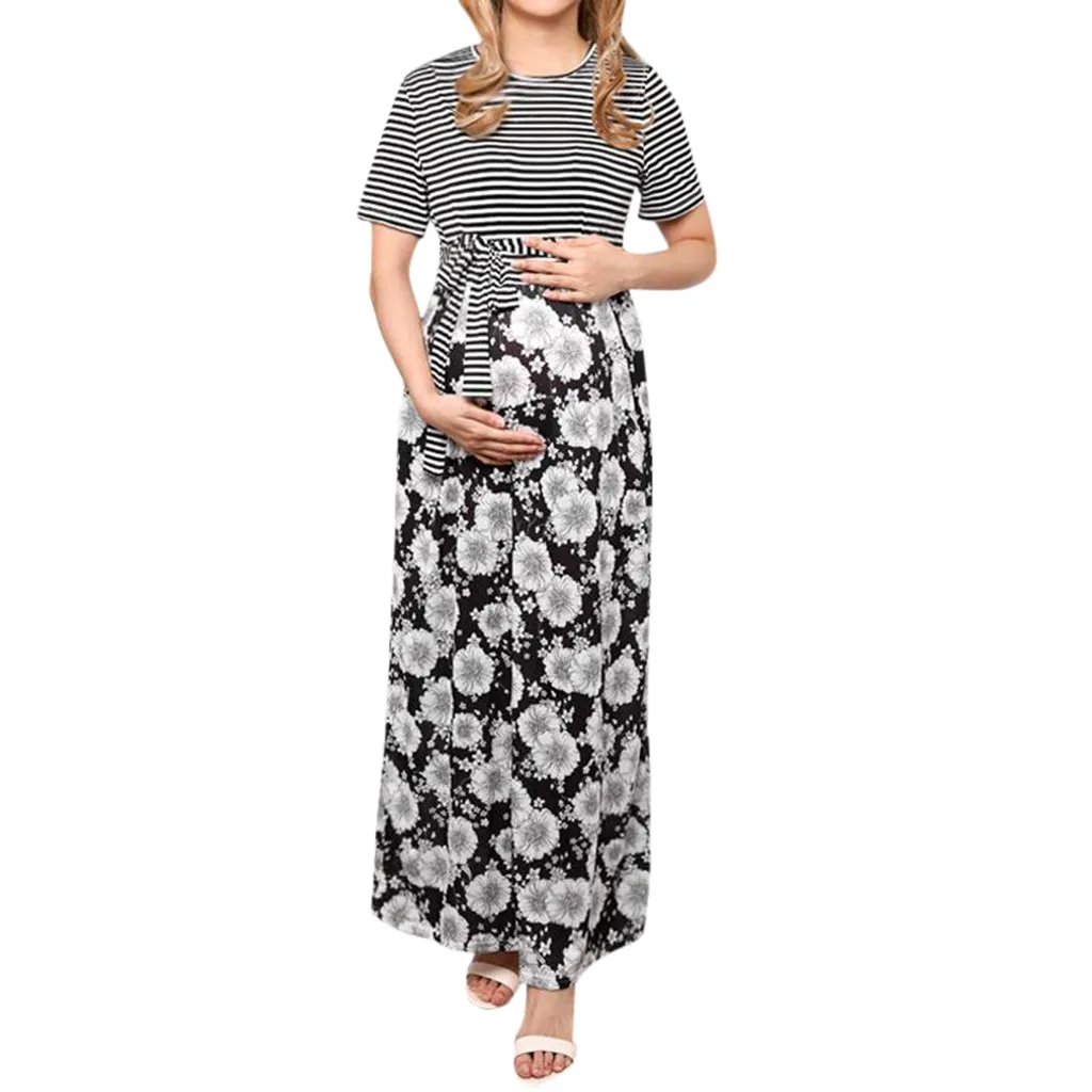 

Women Summer Pregnancy Maternity Dresses Floral Print Striped Patchwork Nursing Dress For Pregnant Women Breastfeeding Dress
