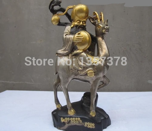 

shitou 00982 10"China Pure Bronze 24K Gold Silver peach Longevity God Ride Deer buddha statue