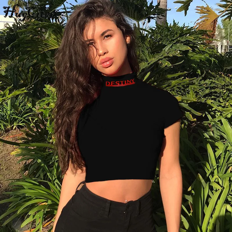 Hugcitar cotton letters print high neck crop tops t shirts 2018 summer women fashion casual T-shirts
