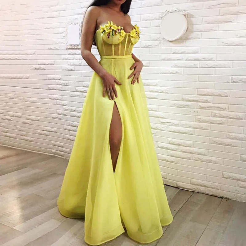 

Yellow Muslim Evening Dresses 2019 A-line Sweetheart Tulle Flowers Slit Islamic Dubai Saudi Arabic Long Formal Evening Gown