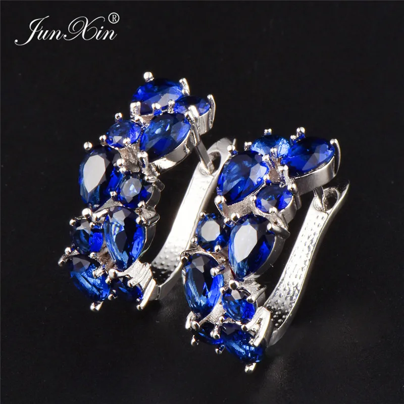 

JUNXIN Luxury Female Big Hoop Earrings White Gold Filled White/Green/Blue Earrings Fashion Jewelry Wedding Earrings For Women
