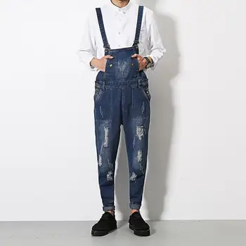 

Big Size Men's Jeans Denim Overalls Fashion Mens Ripped Denim Jumpsuits Jeans 2018 Male Skinny Distressed Bib Overalls Jean Pant