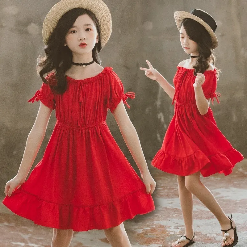 

New 2019 Summer Girl Clothes Baby Kids Girl's Shoulder Dress Princess Dress Red Girl Party Children's Clothes