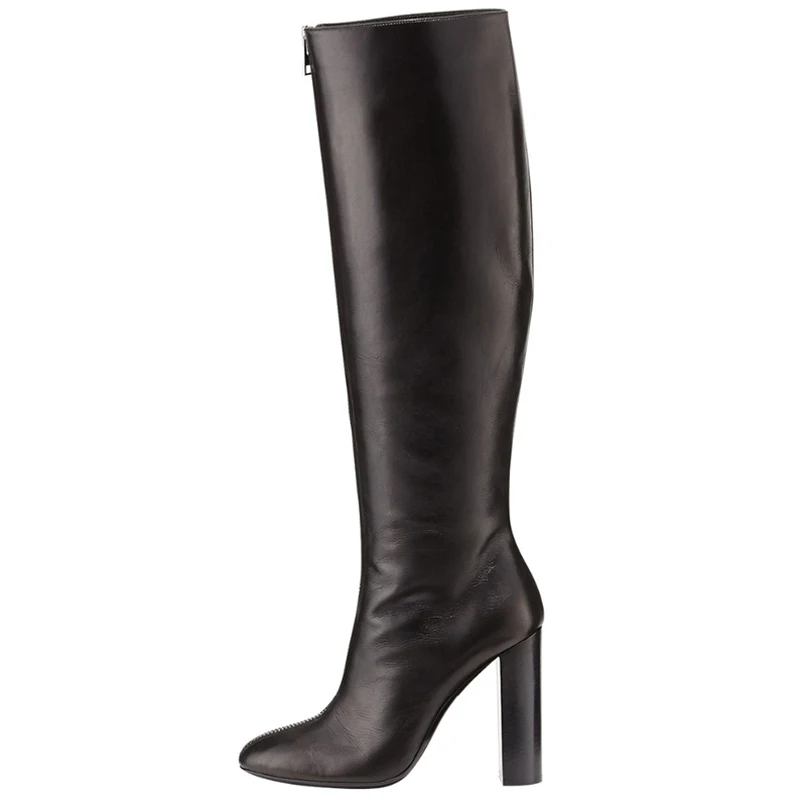 Черные женские сапоги; Feminina Botas Mujer; Дамская обувь до колена на каблуке с молнией спереди; большие размеры 45, 43; вечерние зимние сапоги